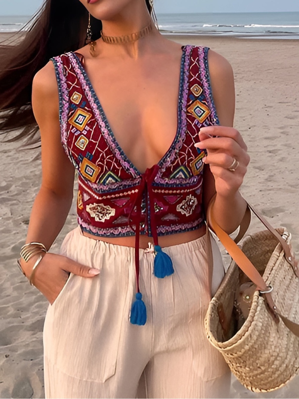 Zara Embroidered Tie-Front Crop Top/Vest